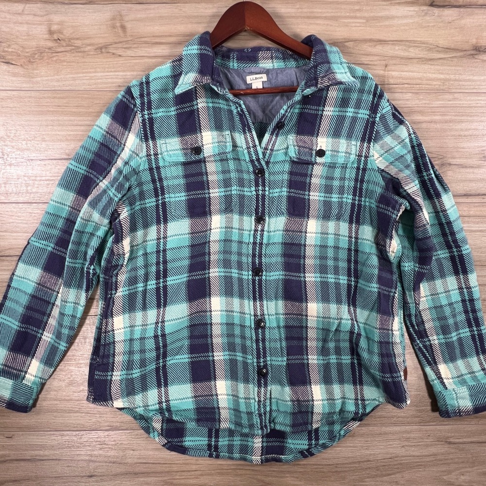 LL Bean Womens Teal Navy Plaid Flannel Button Down Shacket L Large